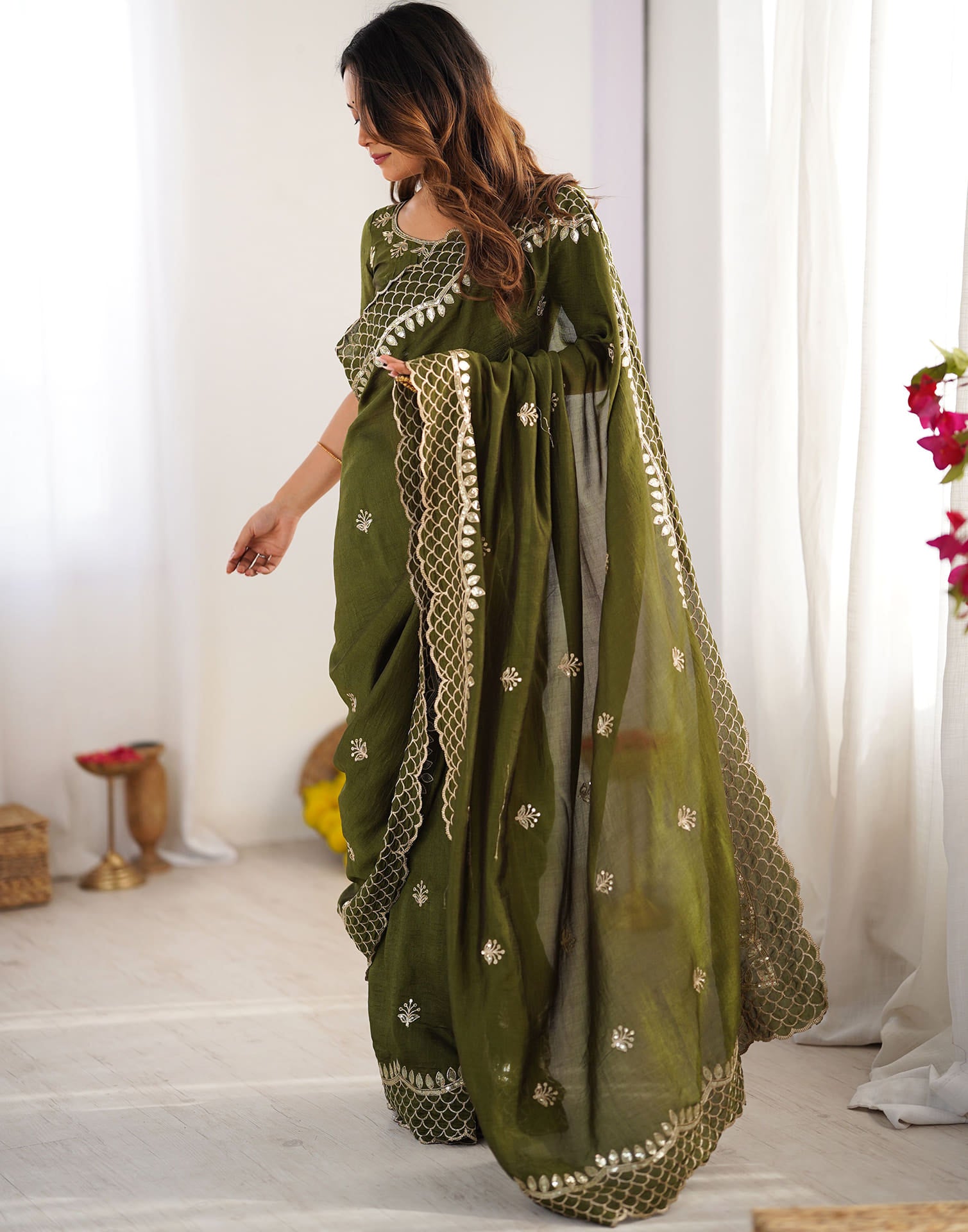 Olive Green Silk Sequence Embroidery Saree