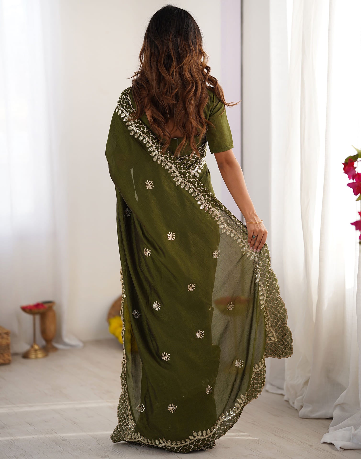 Olive Green Silk Sequence Embroidery Saree