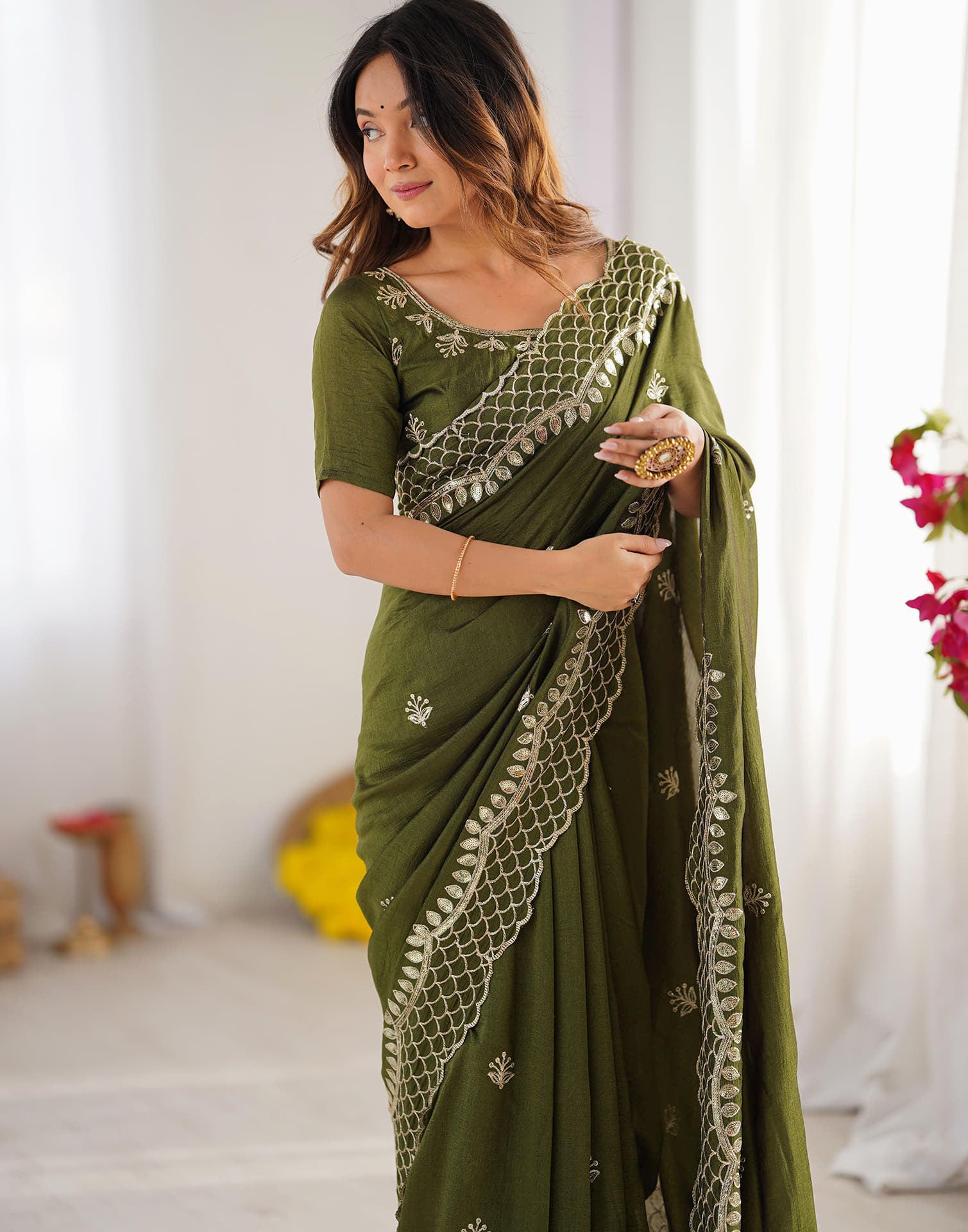 Olive Green Silk Sequence Embroidery Saree