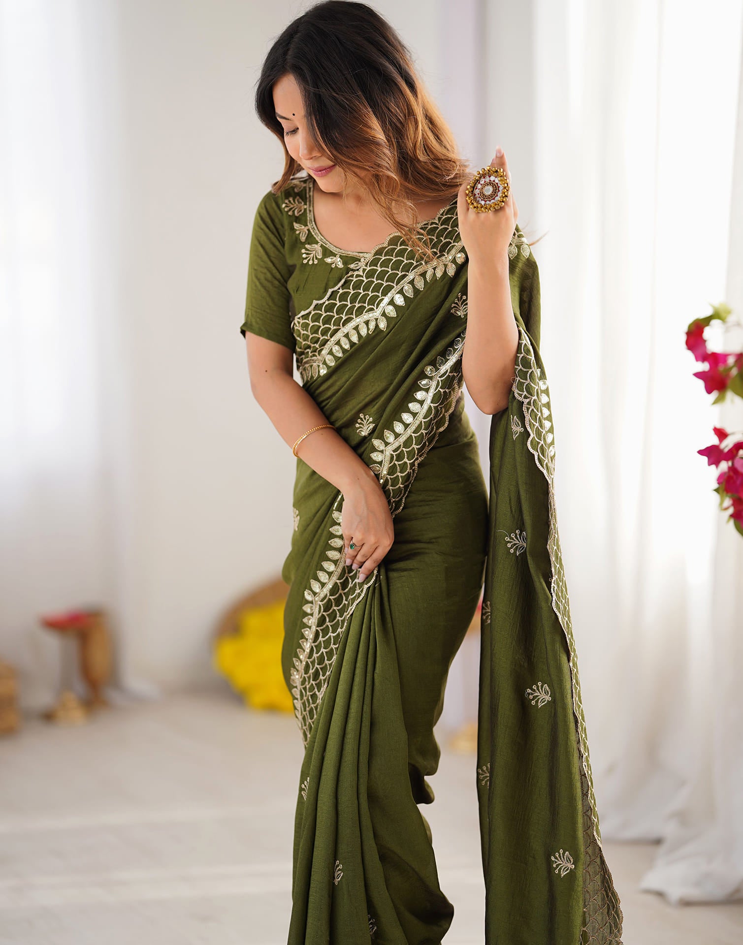 Olive Green Silk Sequence Embroidery Saree