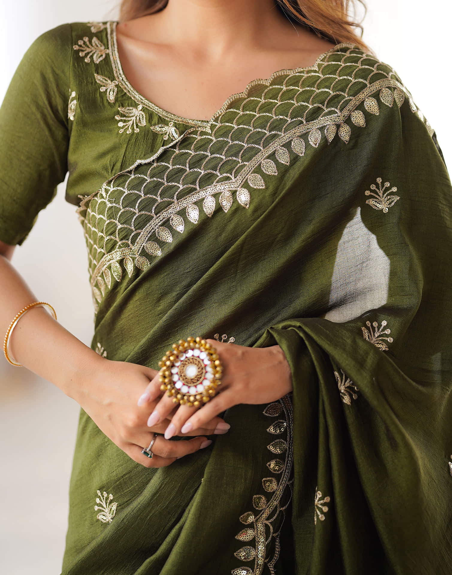 Olive Green Silk Sequence Embroidery Saree