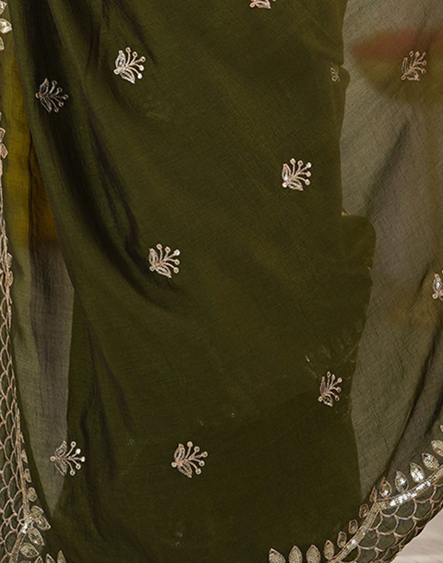 Olive Green Silk Sequence Embroidery Saree