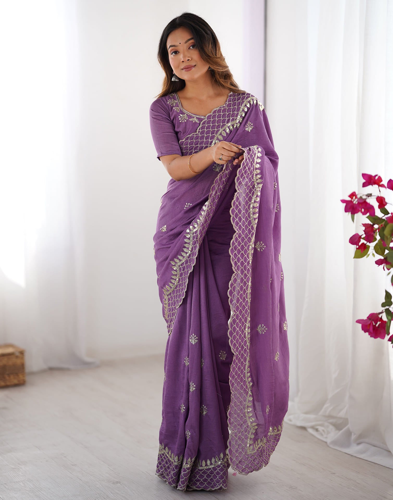 Purple Silk Sequence Embroidery Saree