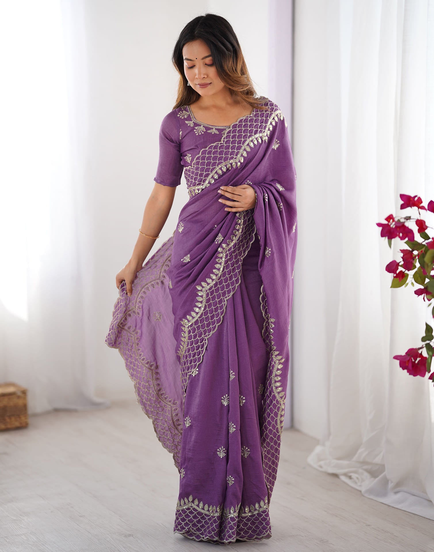 Purple Silk Sequence Embroidery Saree