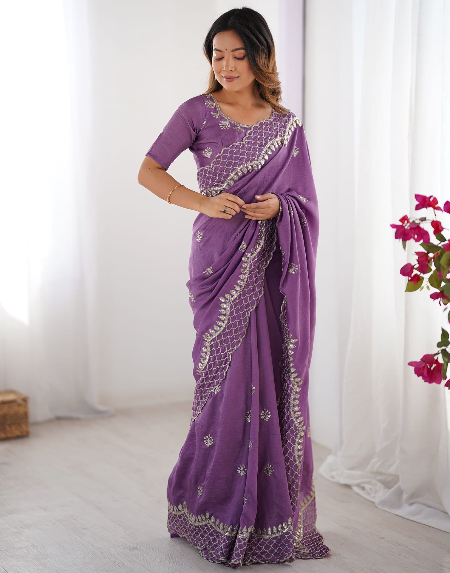 Purple Silk Sequence Embroidery Saree