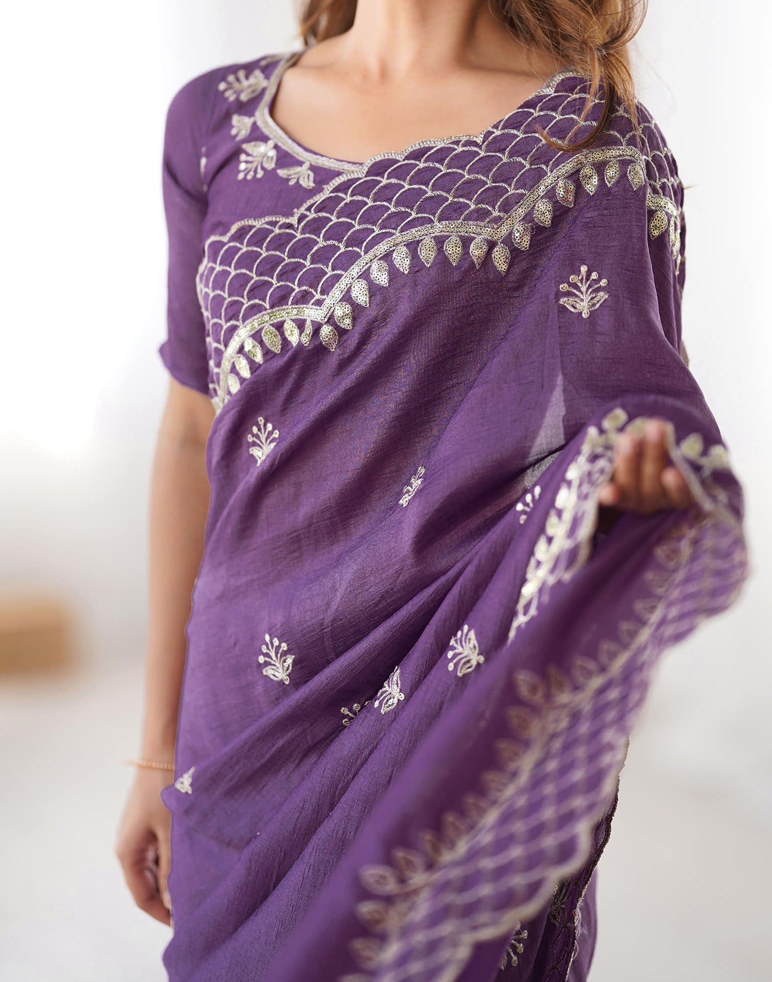 Purple Silk Sequence Embroidery Saree