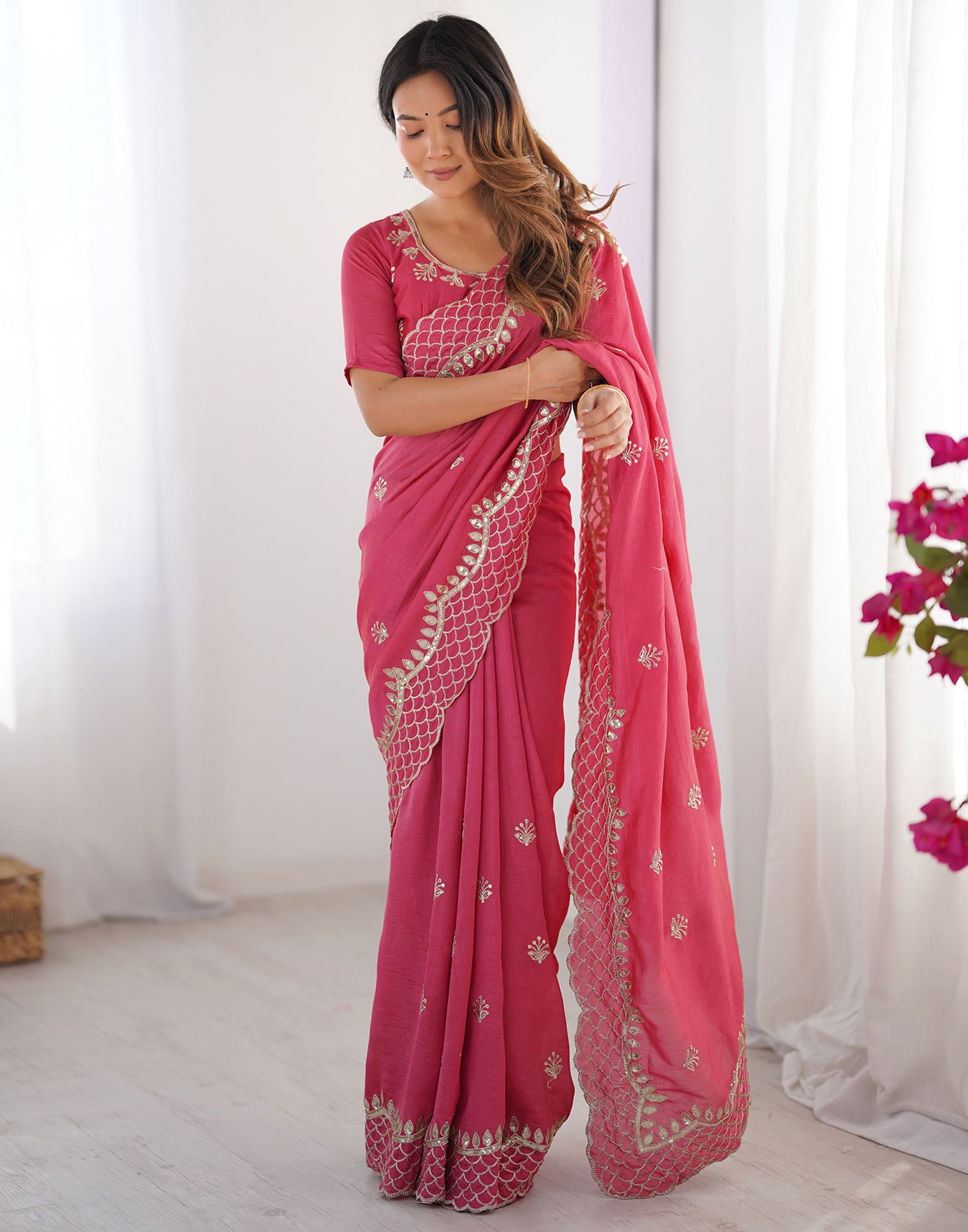 Rose Pink Silk Sequence Embroidery Saree