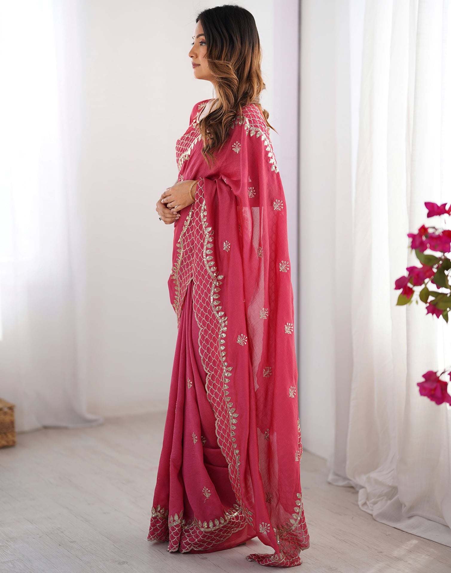 Rose Pink Silk Sequence Embroidery Saree