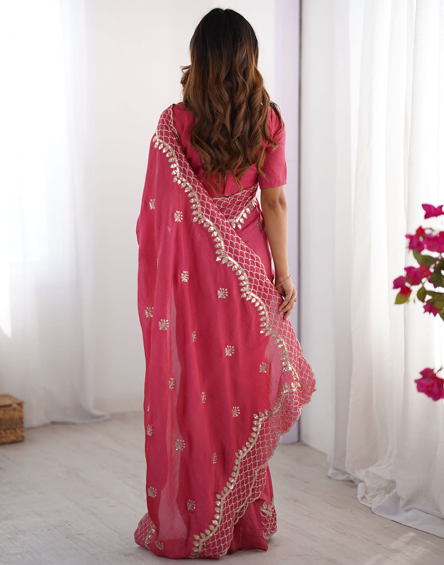 Rose Pink Silk Sequence Embroidery Saree
