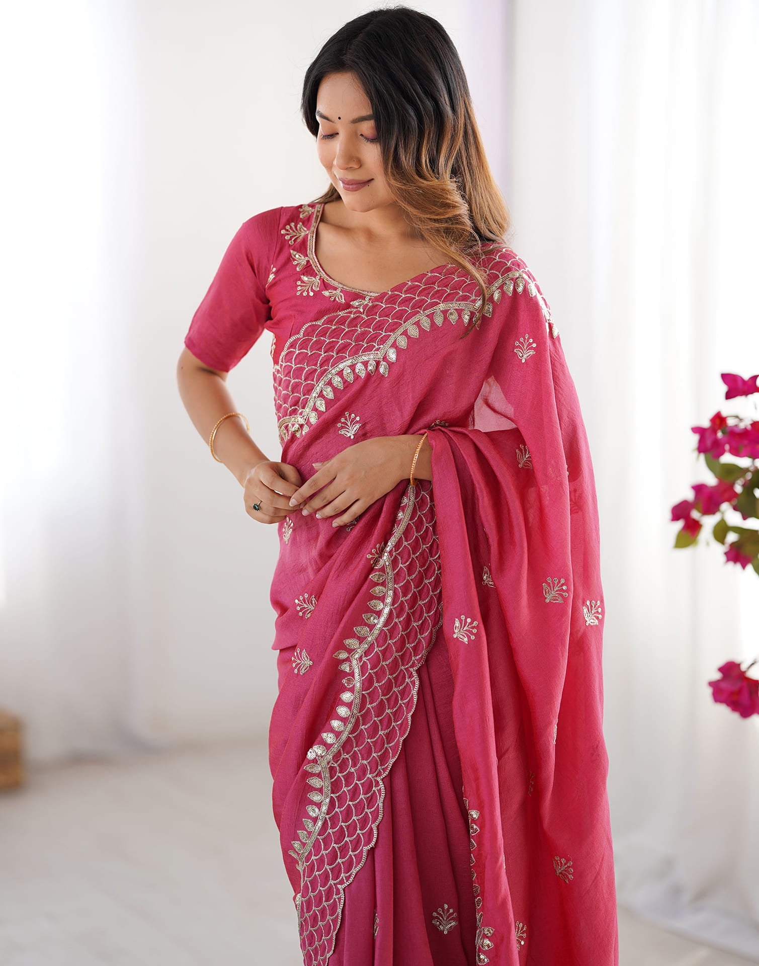 Rose Pink Silk Sequence Embroidery Saree
