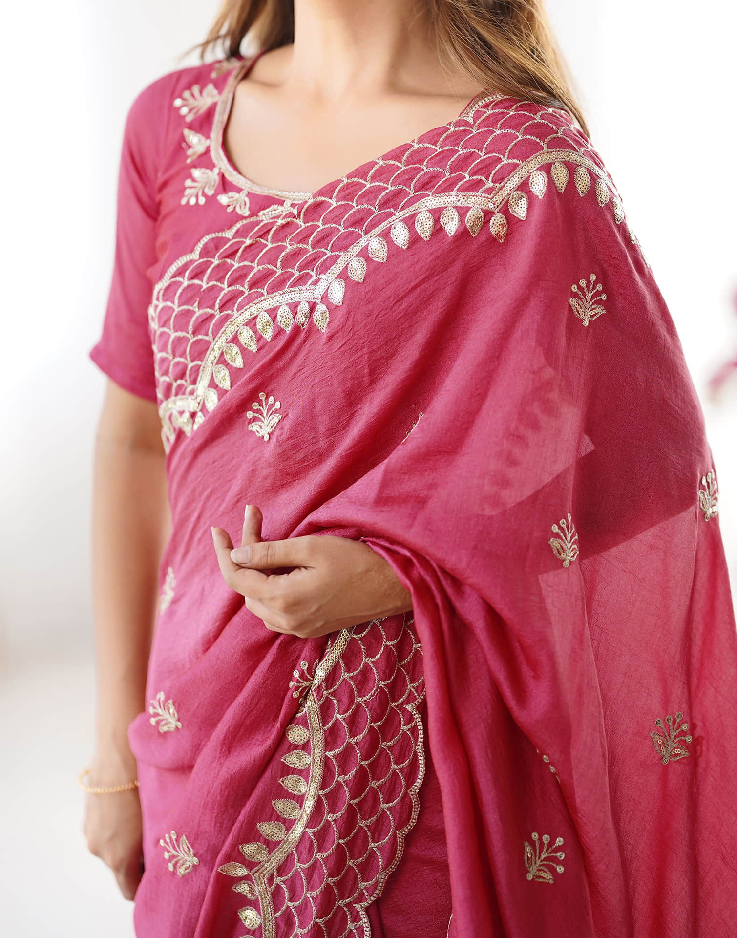 Rose Pink Silk Sequence Embroidery Saree