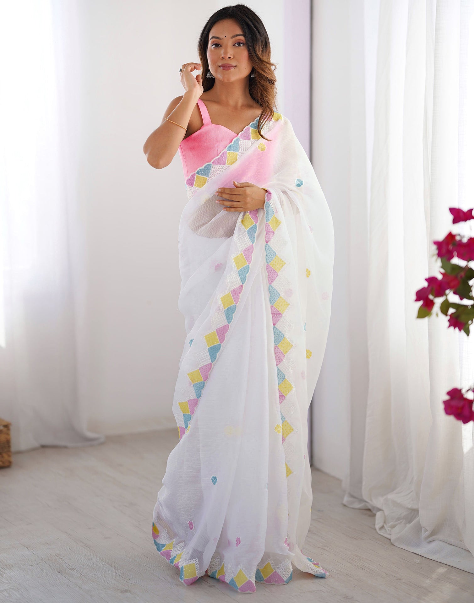 White Shimmer Sequence Embroidery Saree