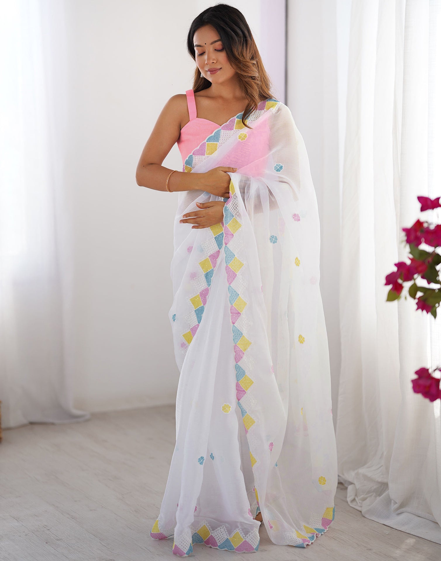 White Shimmer Sequence Embroidery Saree
