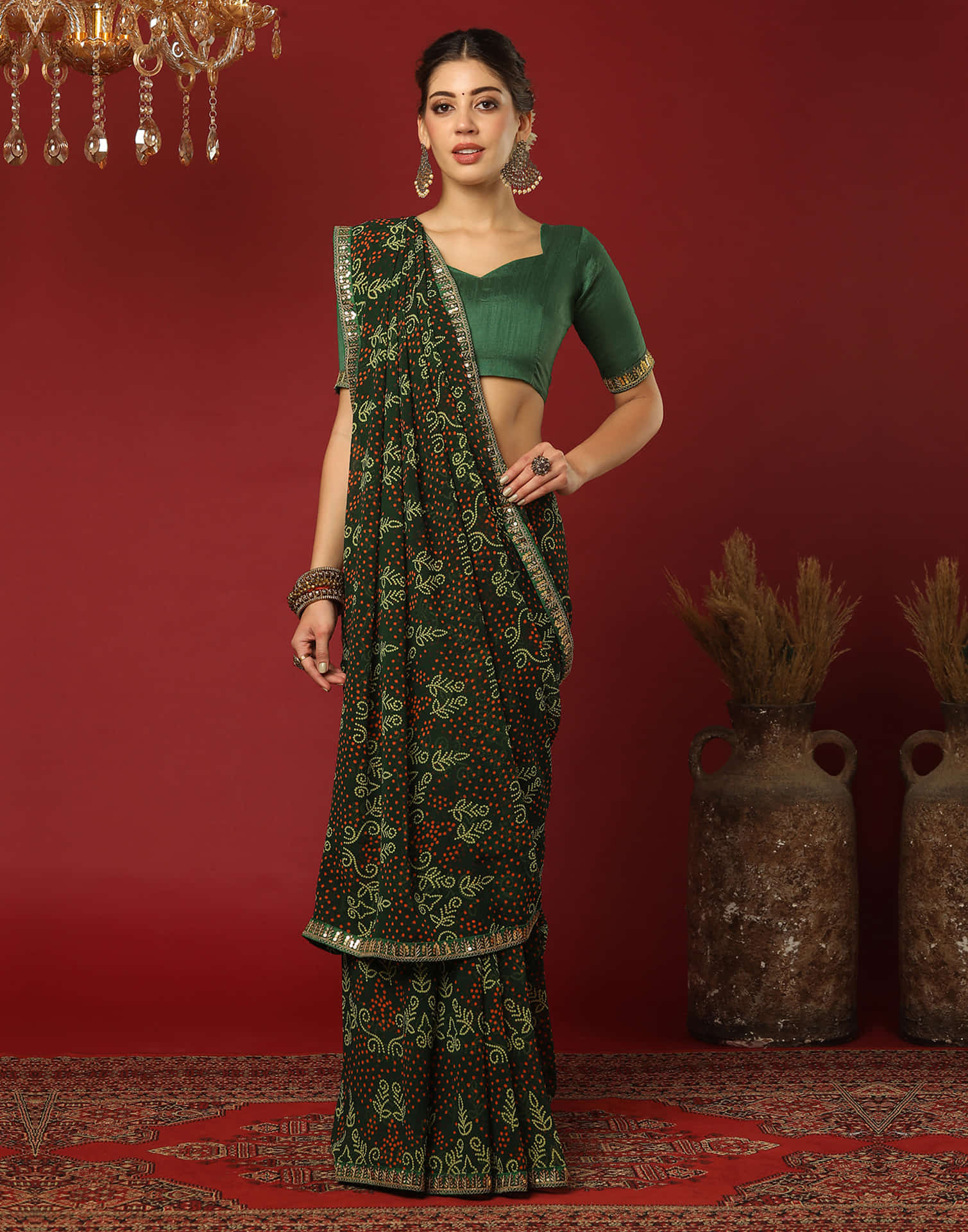 Dark Green Georgette Printed Bandhani Saree