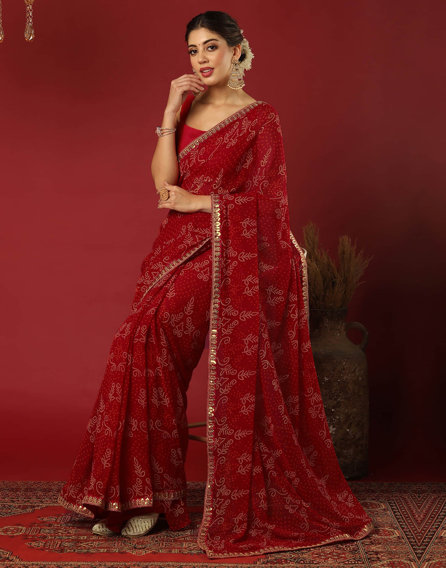 Red Georgette Printed Bandhani Saree