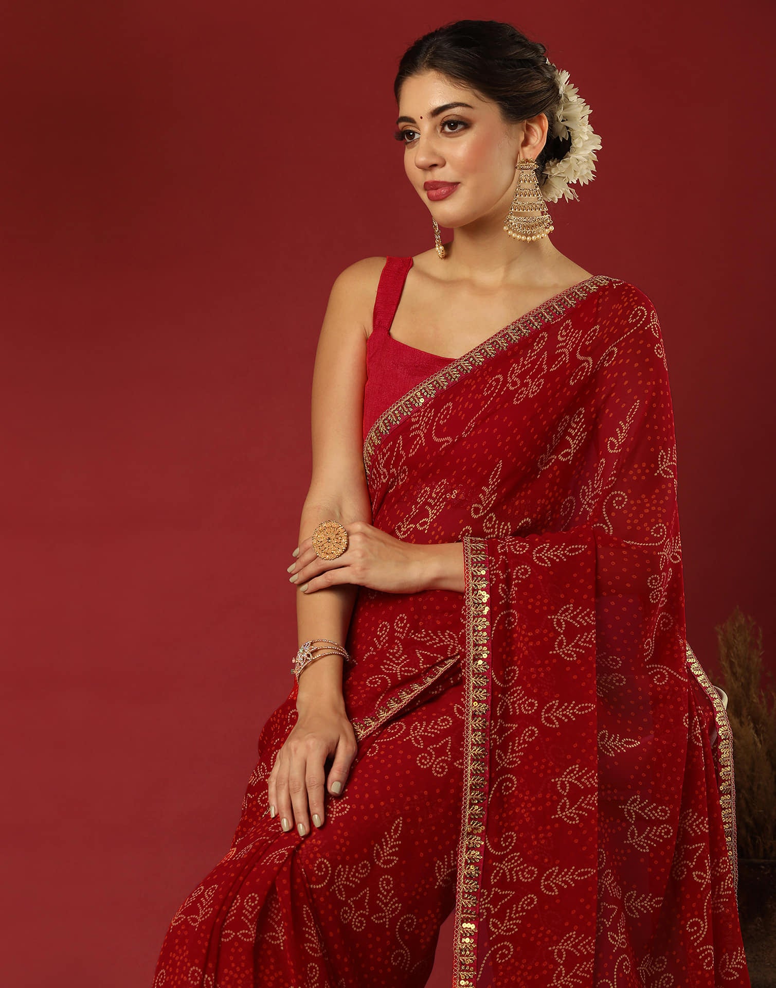 Red Georgette Printed Bandhani Saree