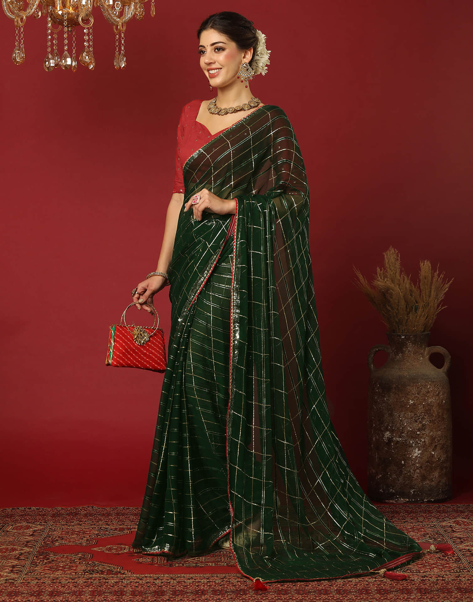Dark Green Georgette Zari Woven Saree