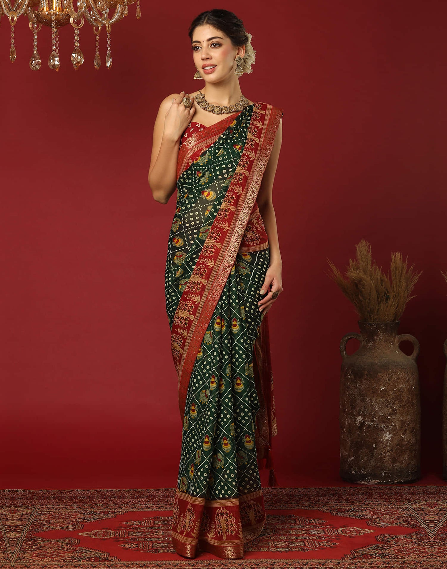 Dark Green Georgette Printed Bandhani Saree