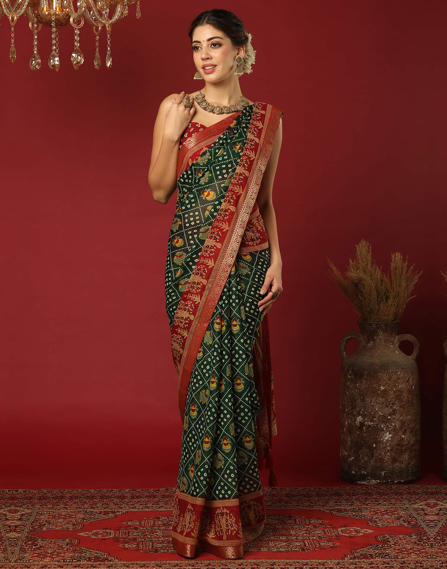 Dark Green Georgette Printed Bandhani Saree