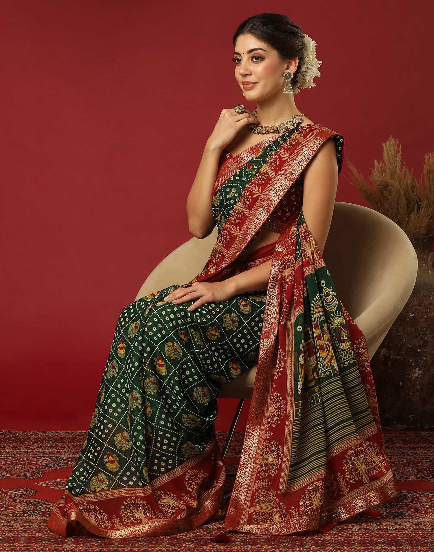 Dark Green Georgette Printed Bandhani Saree