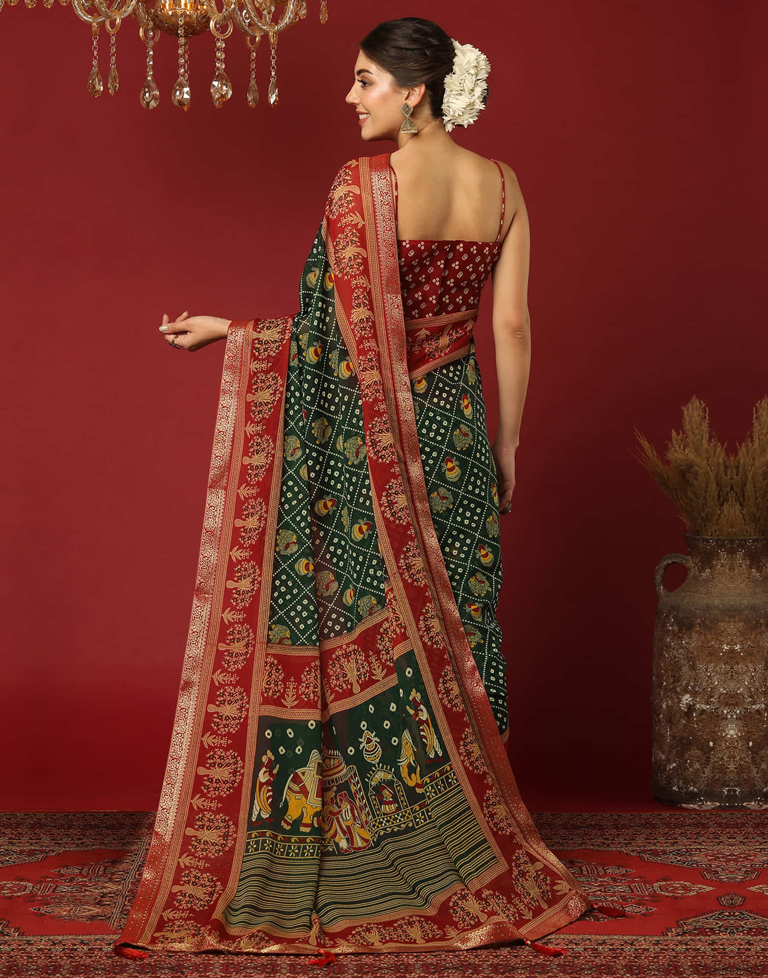 Dark Green Georgette Printed Bandhani Saree