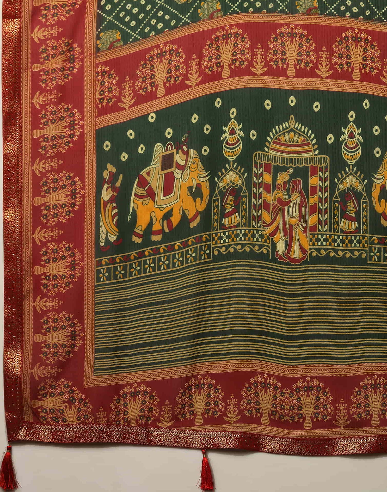 Dark Green Georgette Printed Bandhani Saree