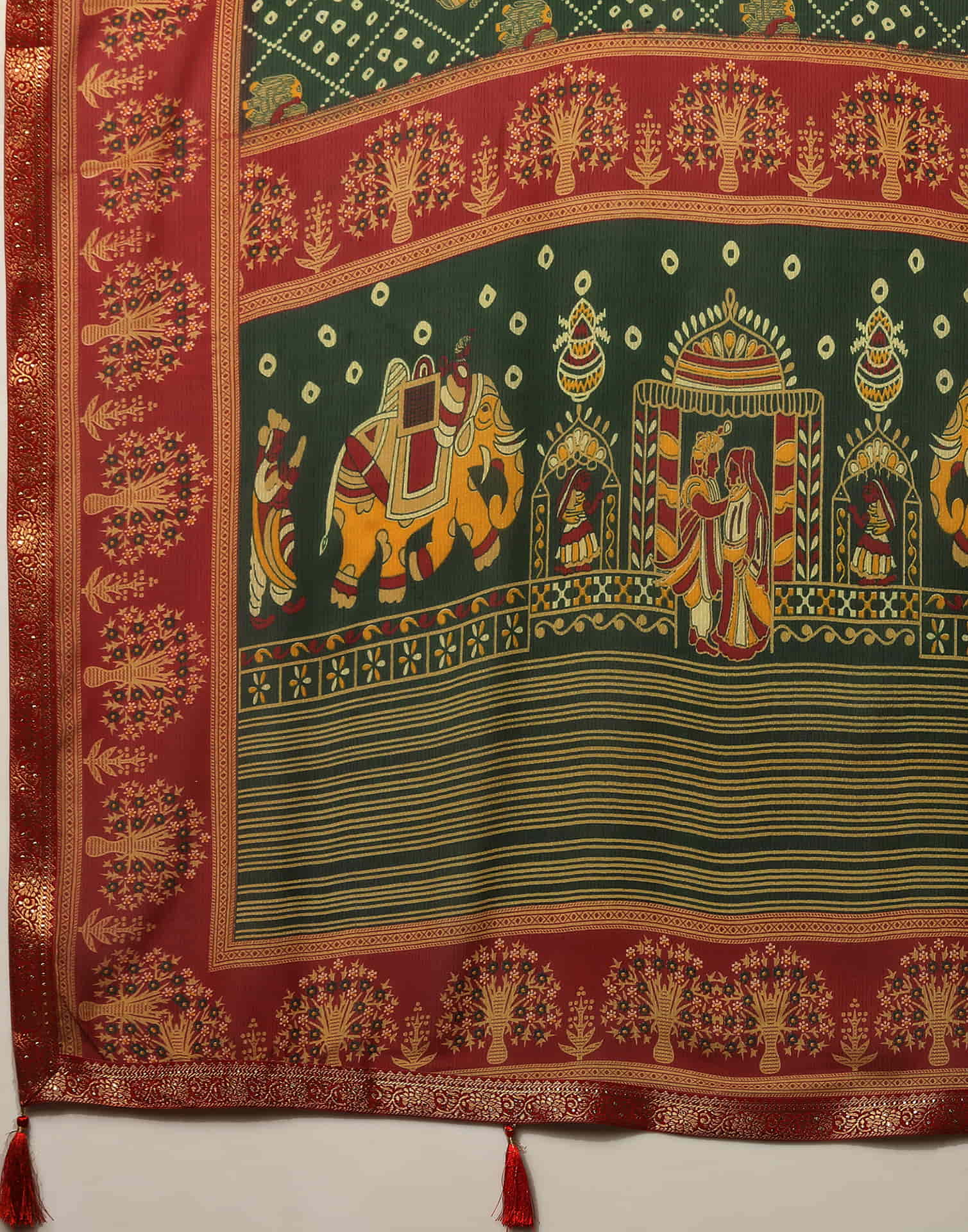 Dark Green Georgette Printed Bandhani Saree