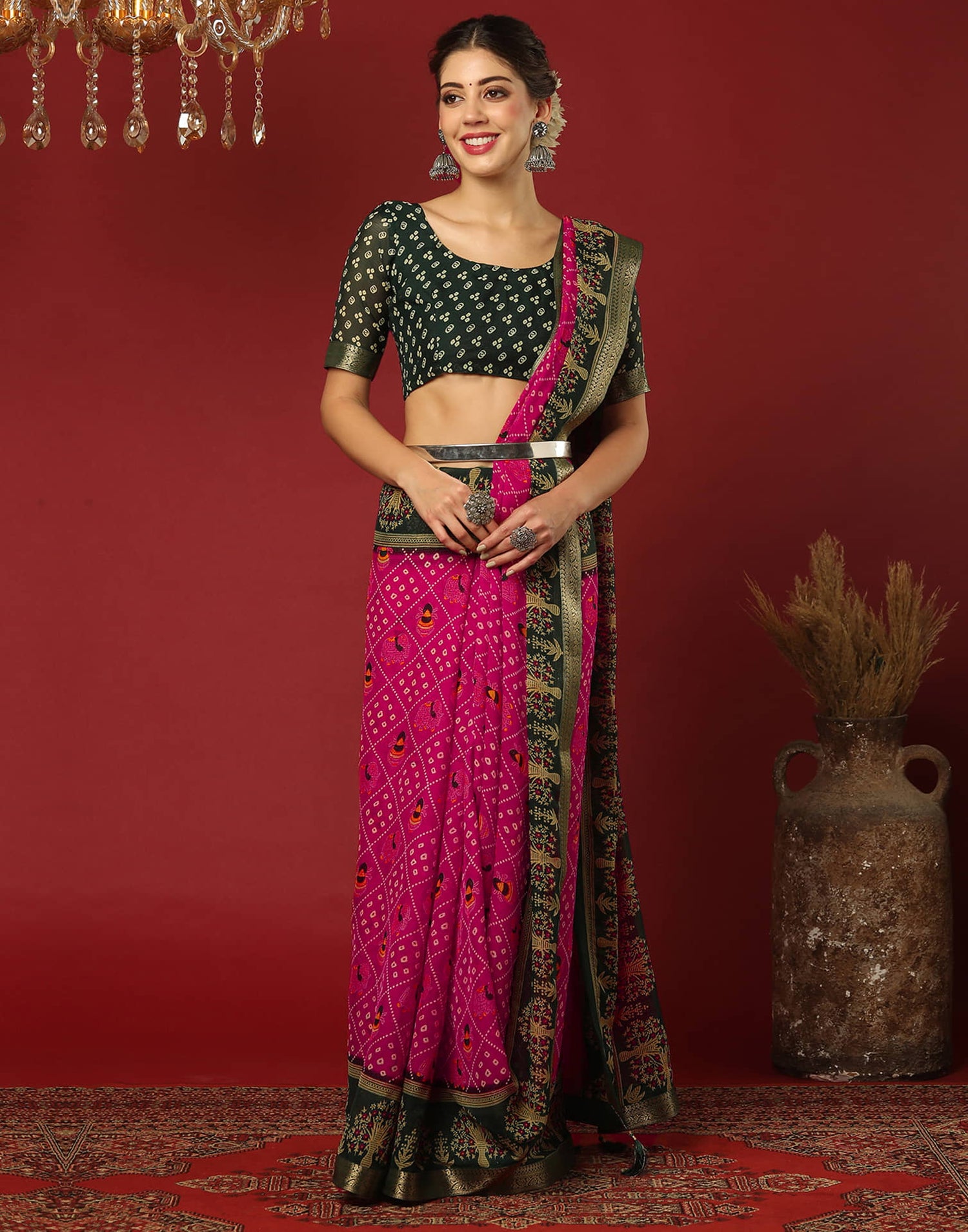 Rani Pink Georgette Printed Bandhani Saree