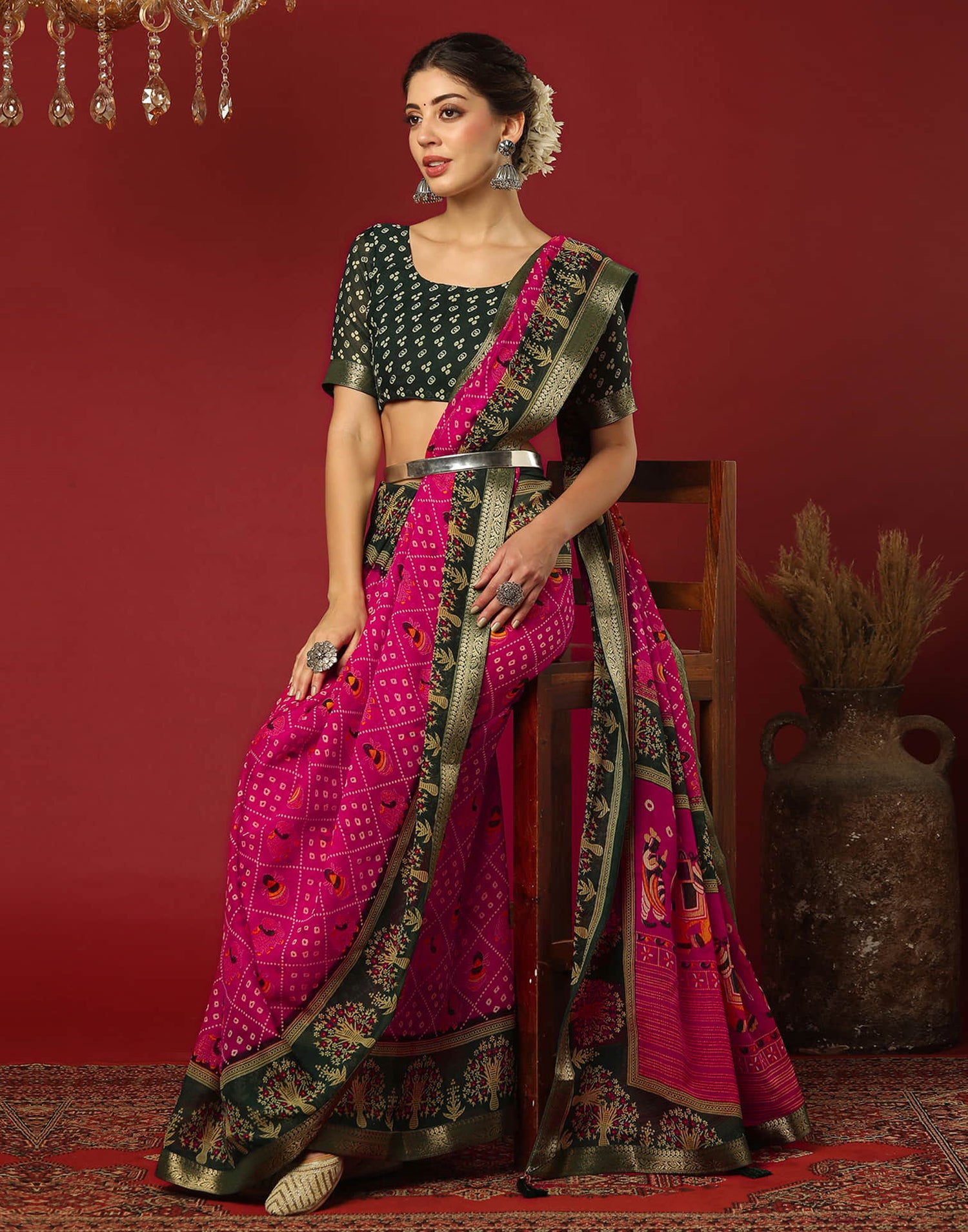 Rani Pink Georgette Printed Bandhani Saree