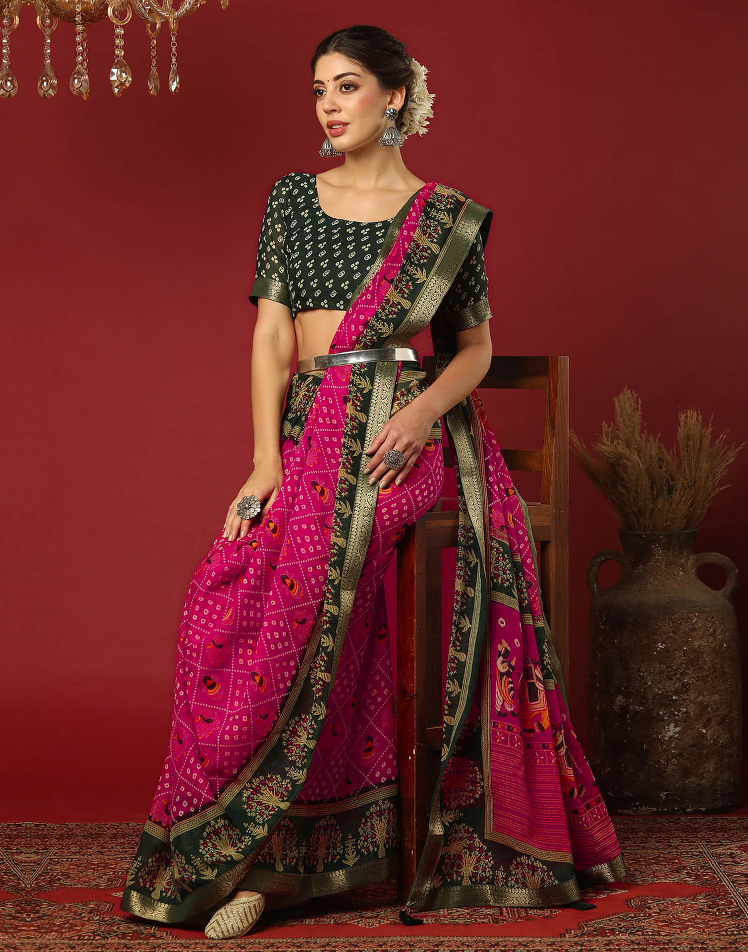 Rani Pink Georgette Printed Bandhani Saree