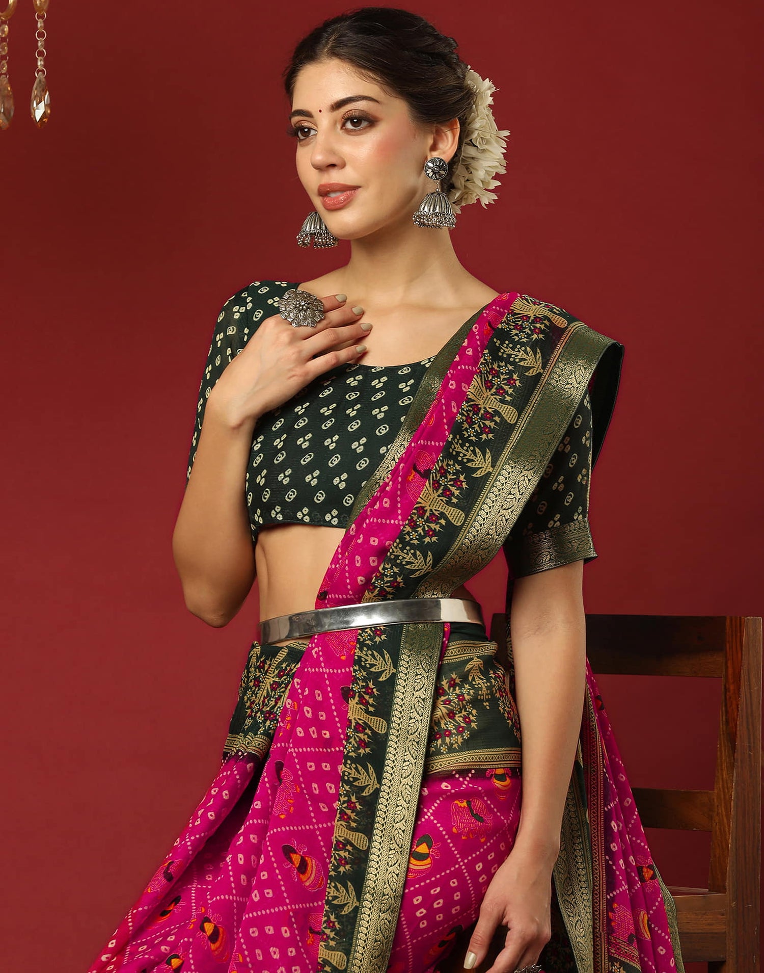 Rani Pink Georgette Printed Bandhani Saree