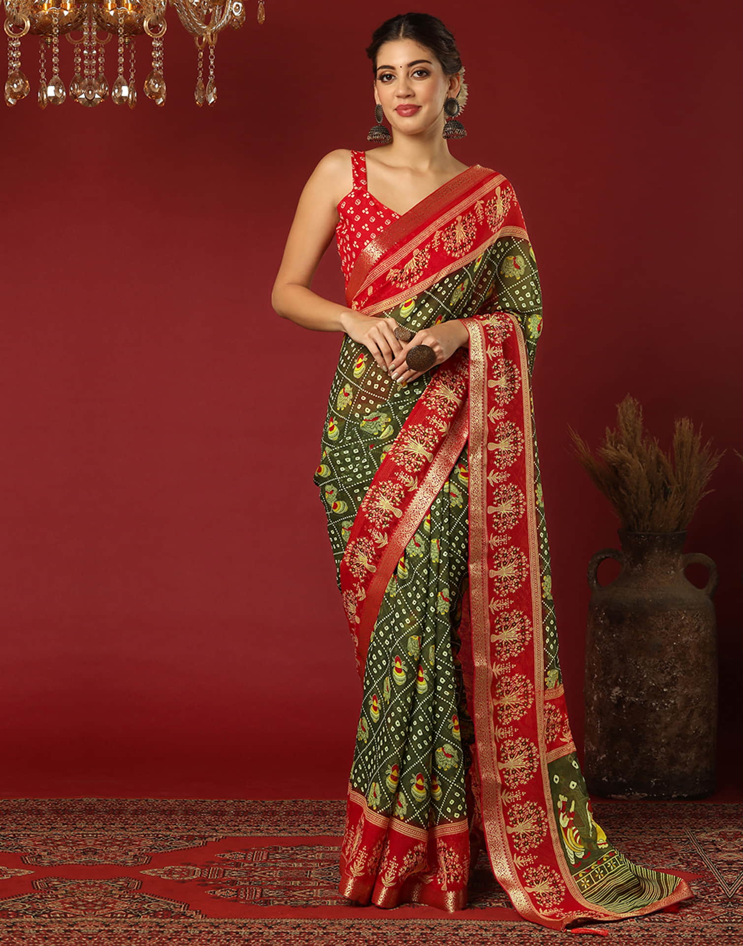 Olive Green Georgette Printed Bandhani Saree