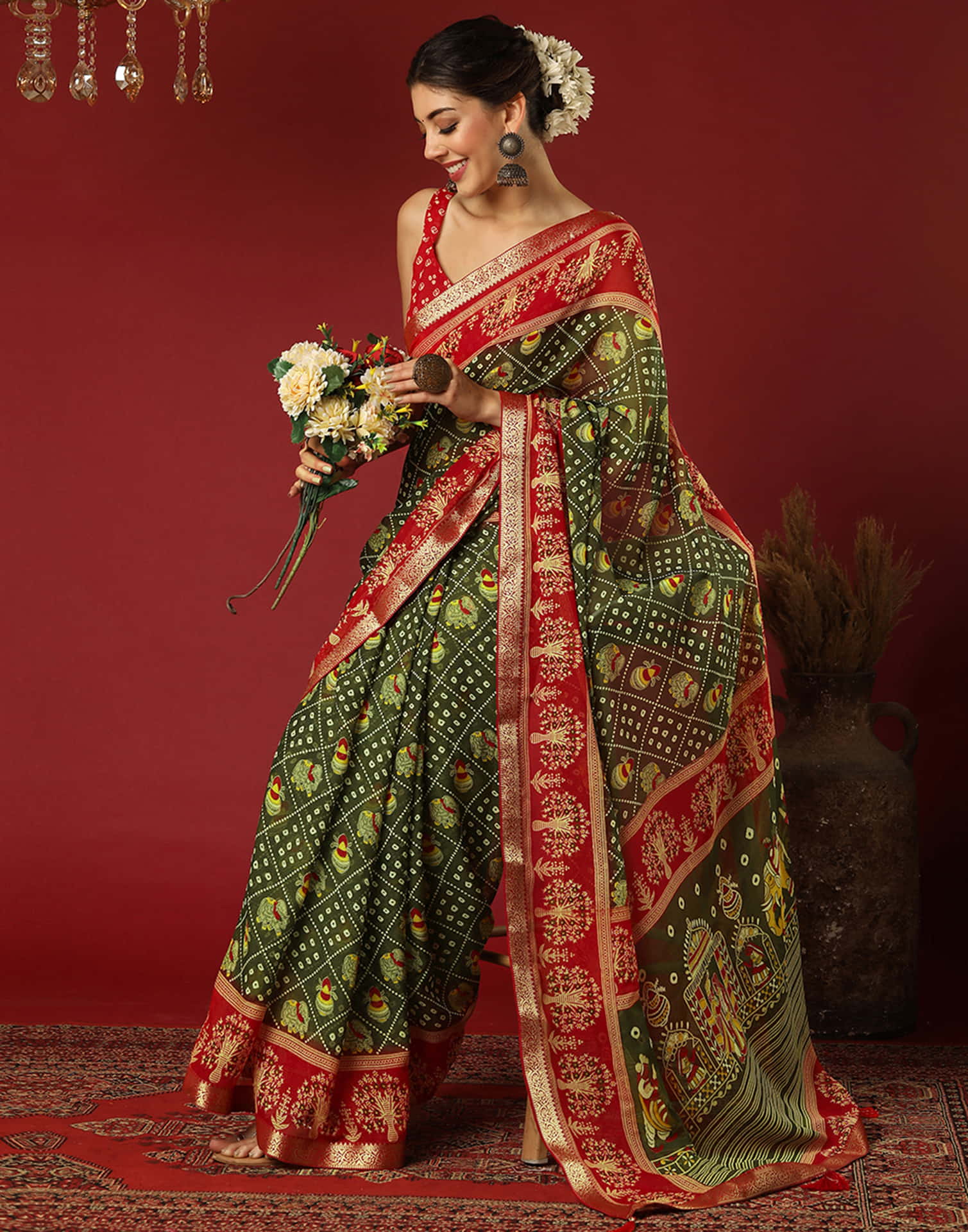 Olive Green Georgette Printed Bandhani Saree