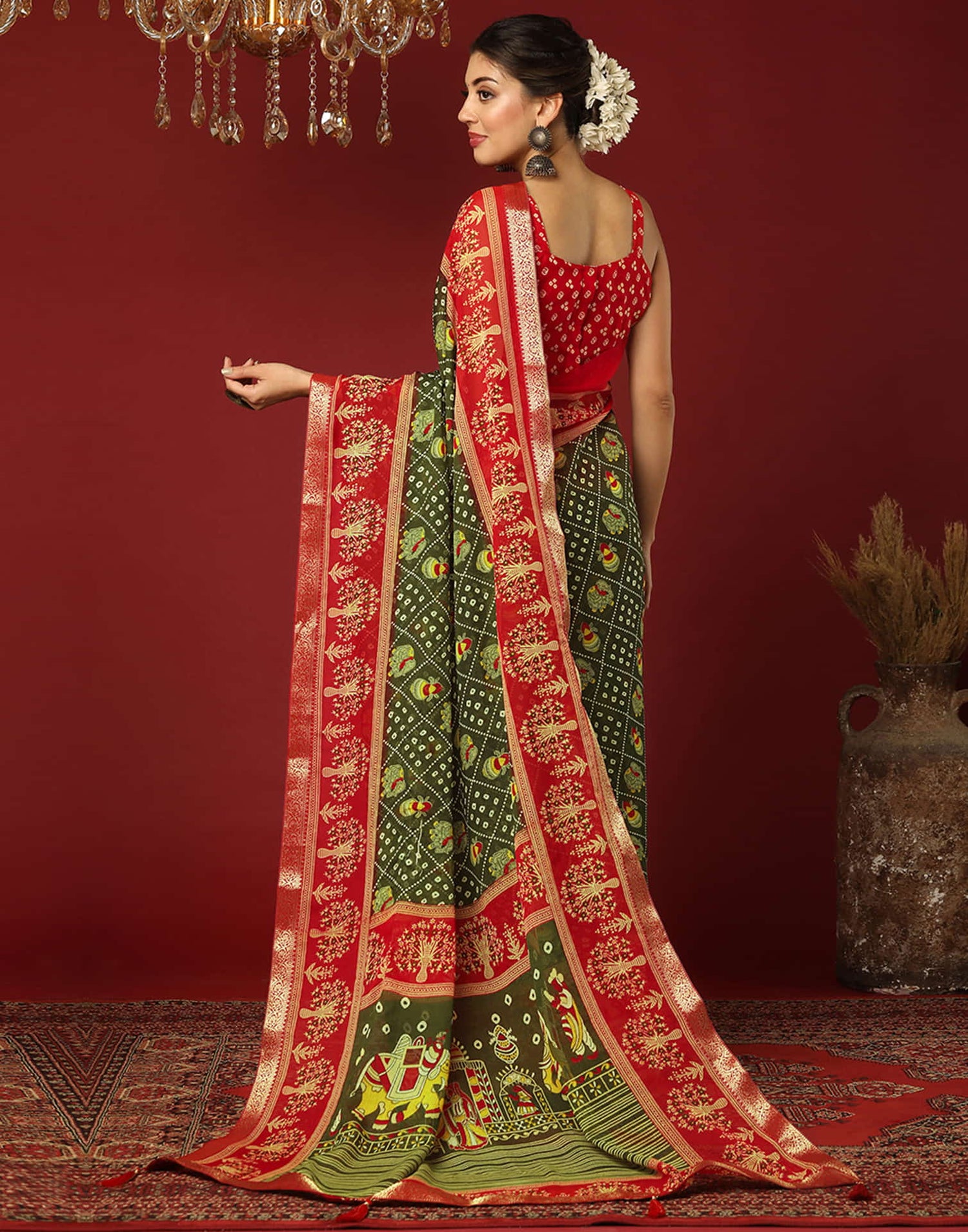 Olive Green Georgette Printed Bandhani Saree