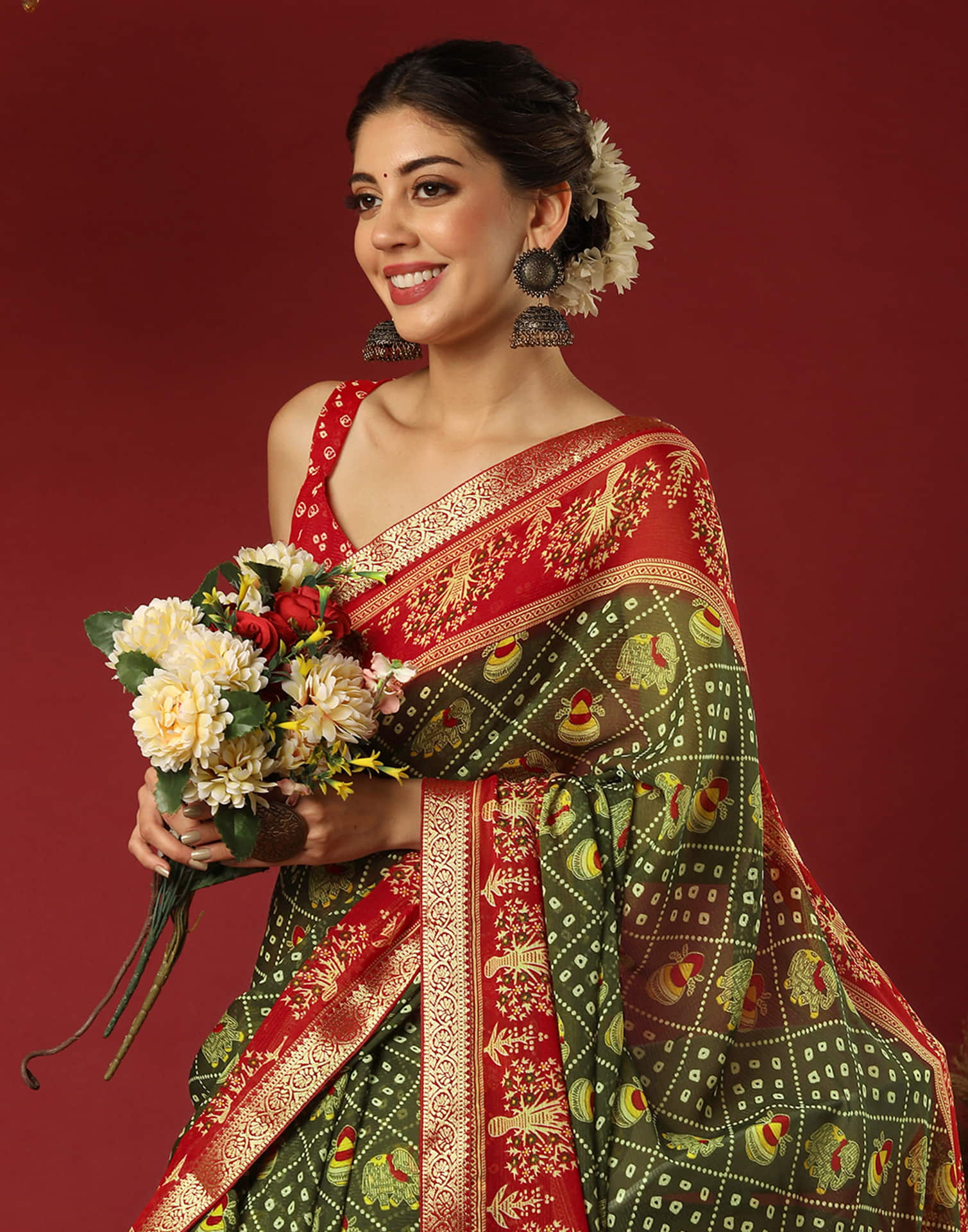 Olive Green Georgette Printed Bandhani Saree