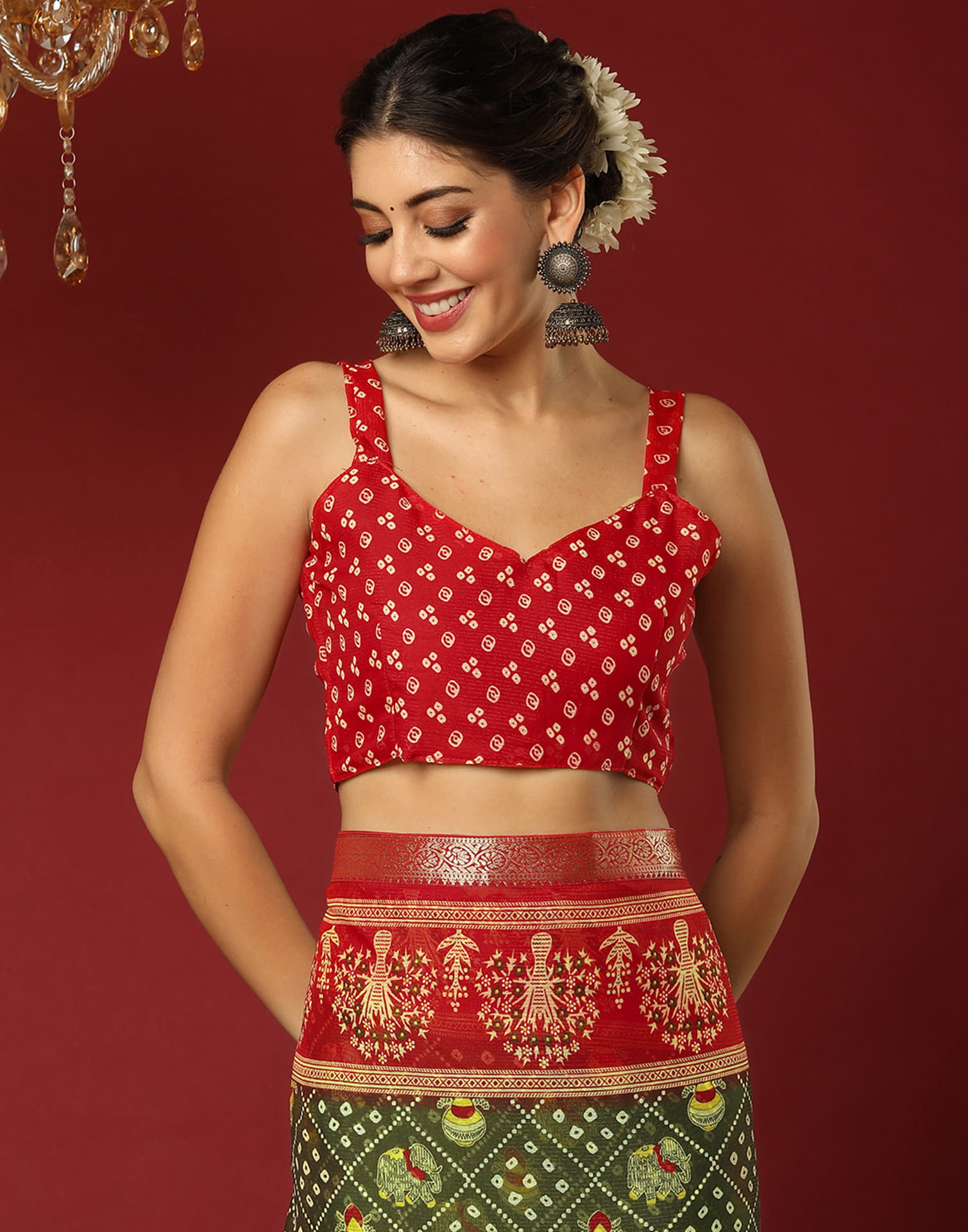 Olive Green Georgette Printed Bandhani Saree