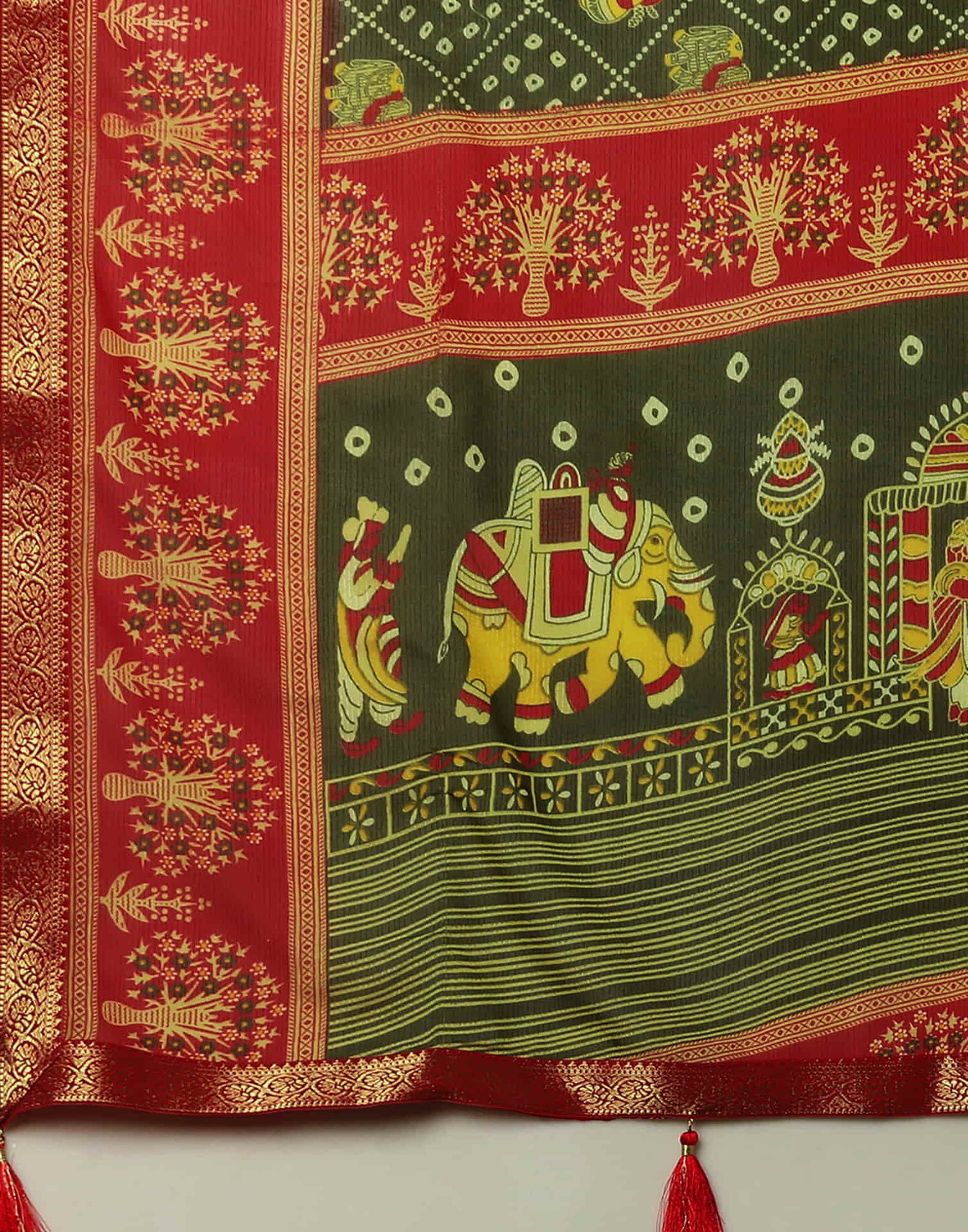 Olive Green Georgette Printed Bandhani Saree