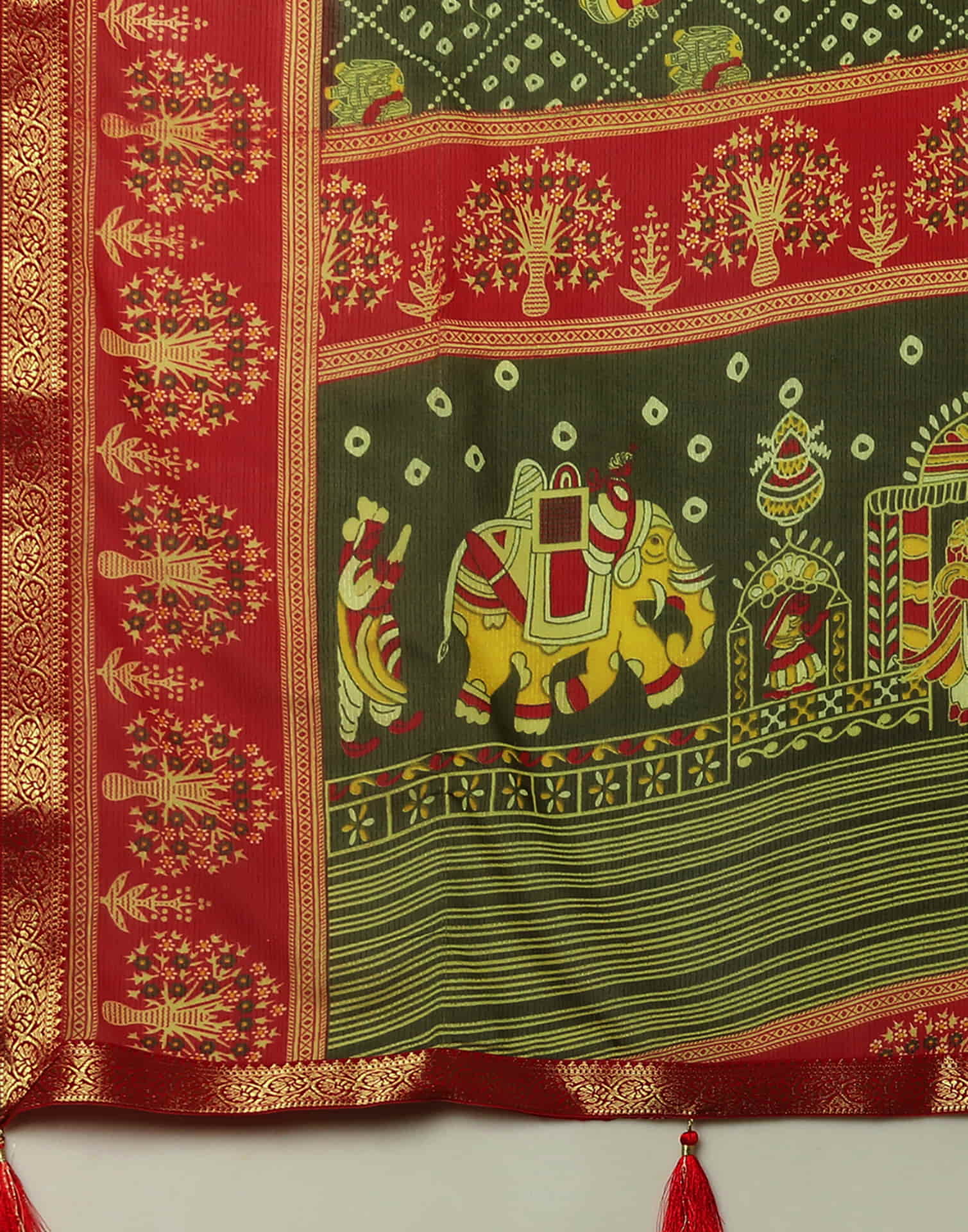 Olive Green Georgette Printed Bandhani Saree
