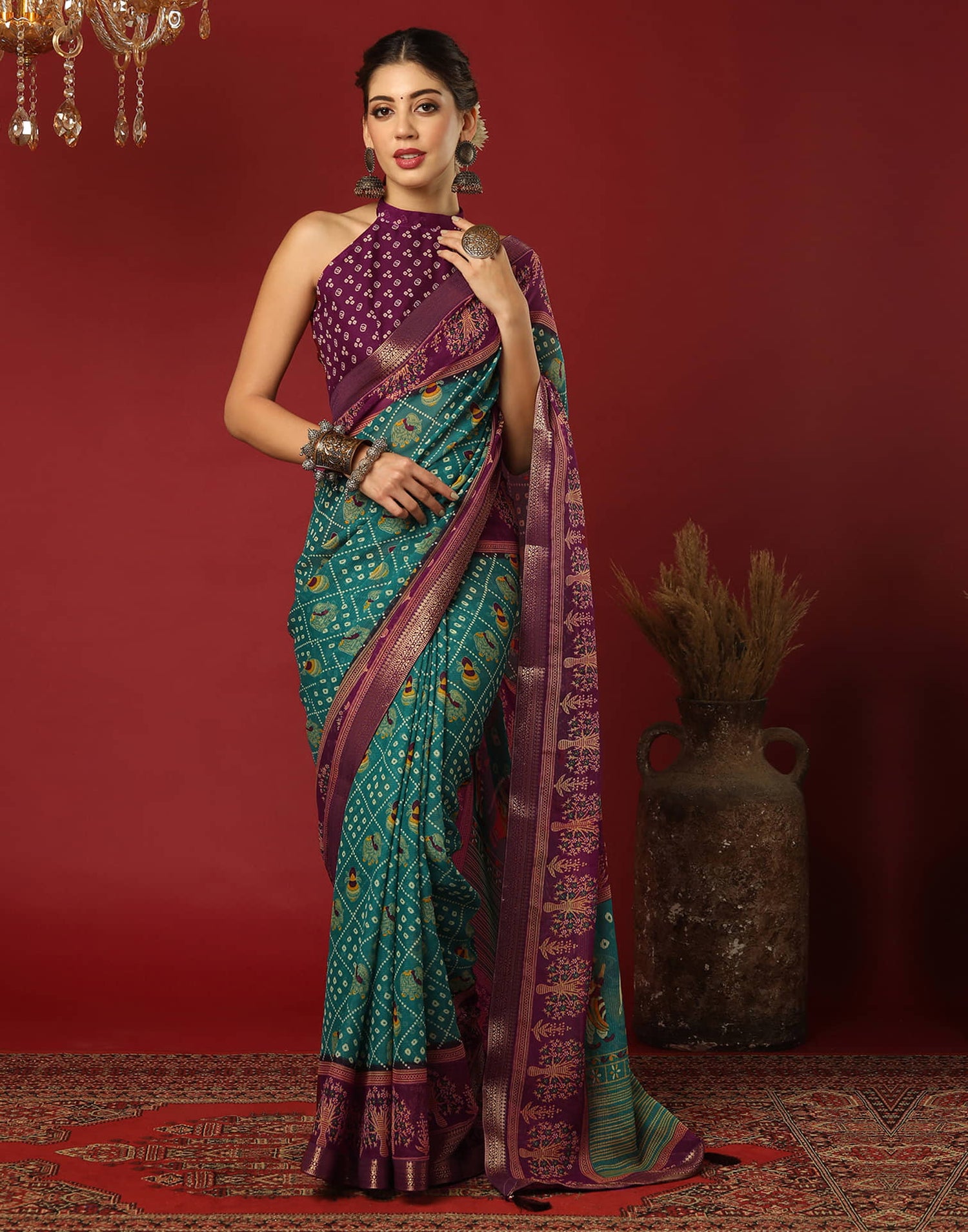 Teal Green Georgette Printed Bandhani Saree