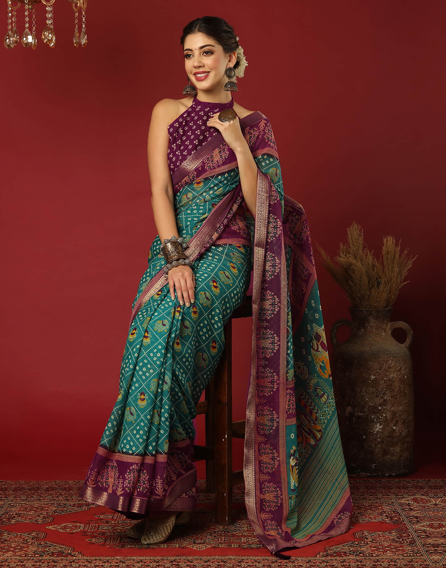 Teal Green Georgette Printed Bandhani Saree