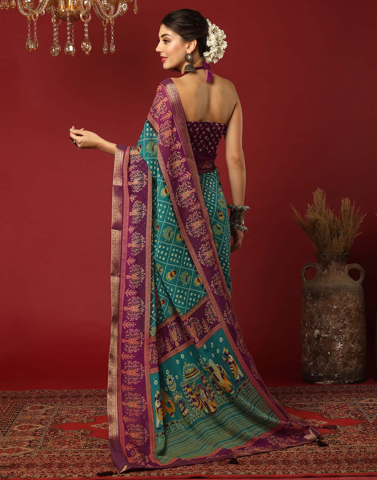 Teal Green Georgette Printed Bandhani Saree
