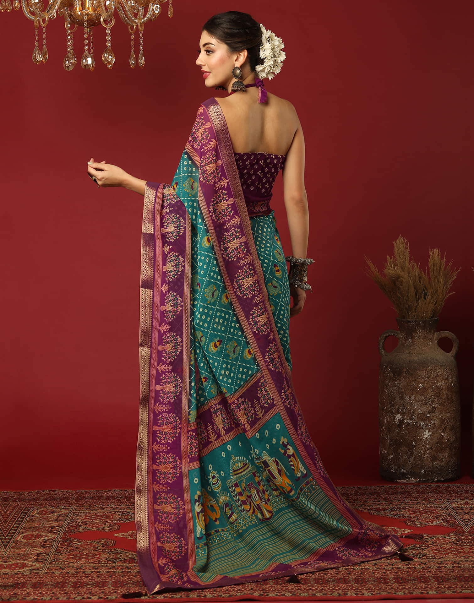 Teal Green Georgette Printed Bandhani Saree