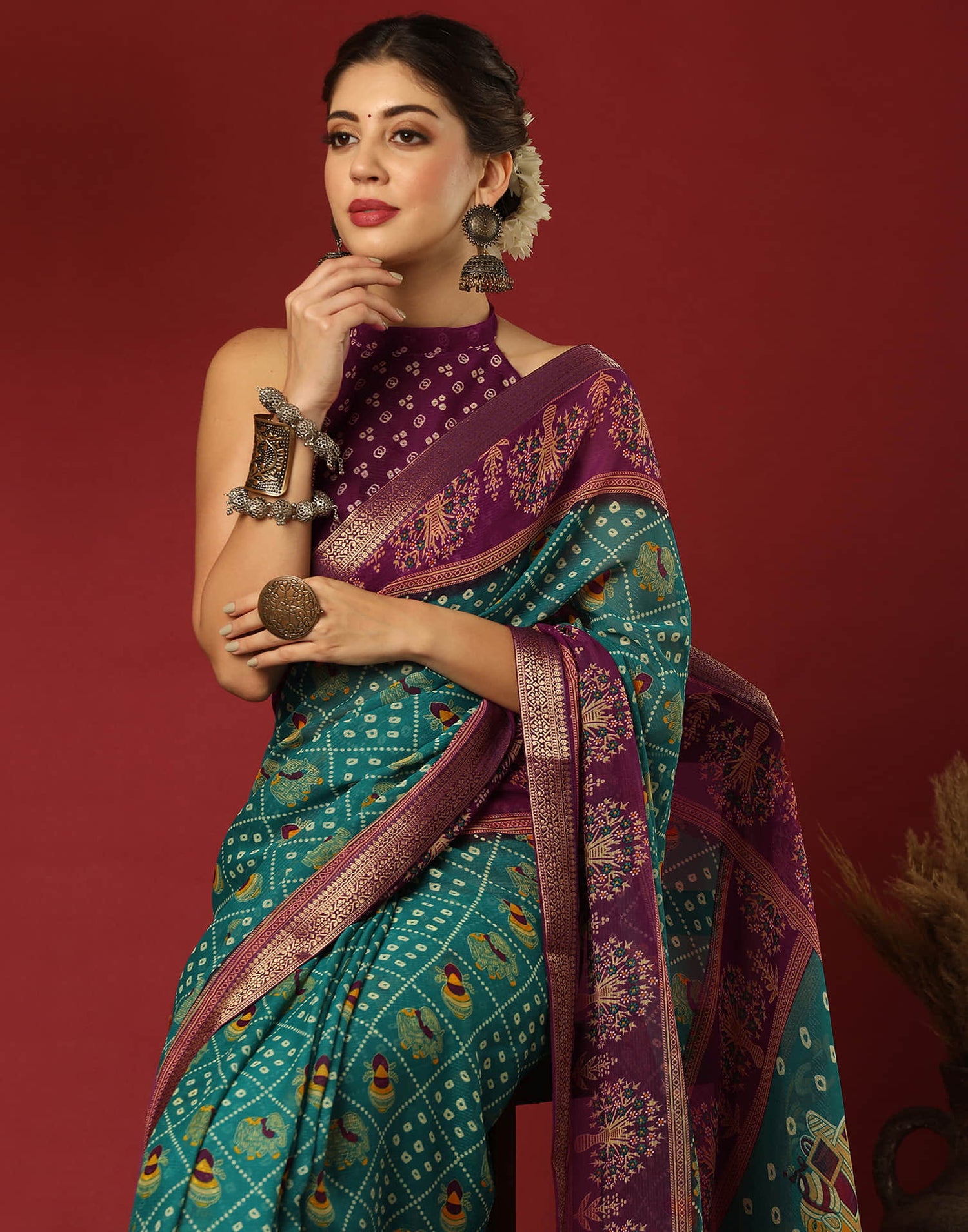 Teal Green Georgette Printed Bandhani Saree