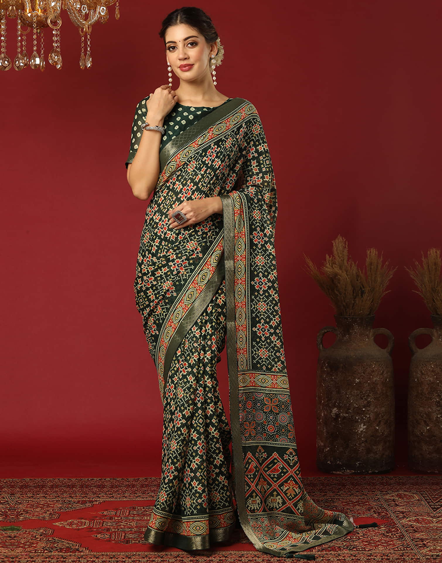 Dark Green Georgette Printed Patola Saree