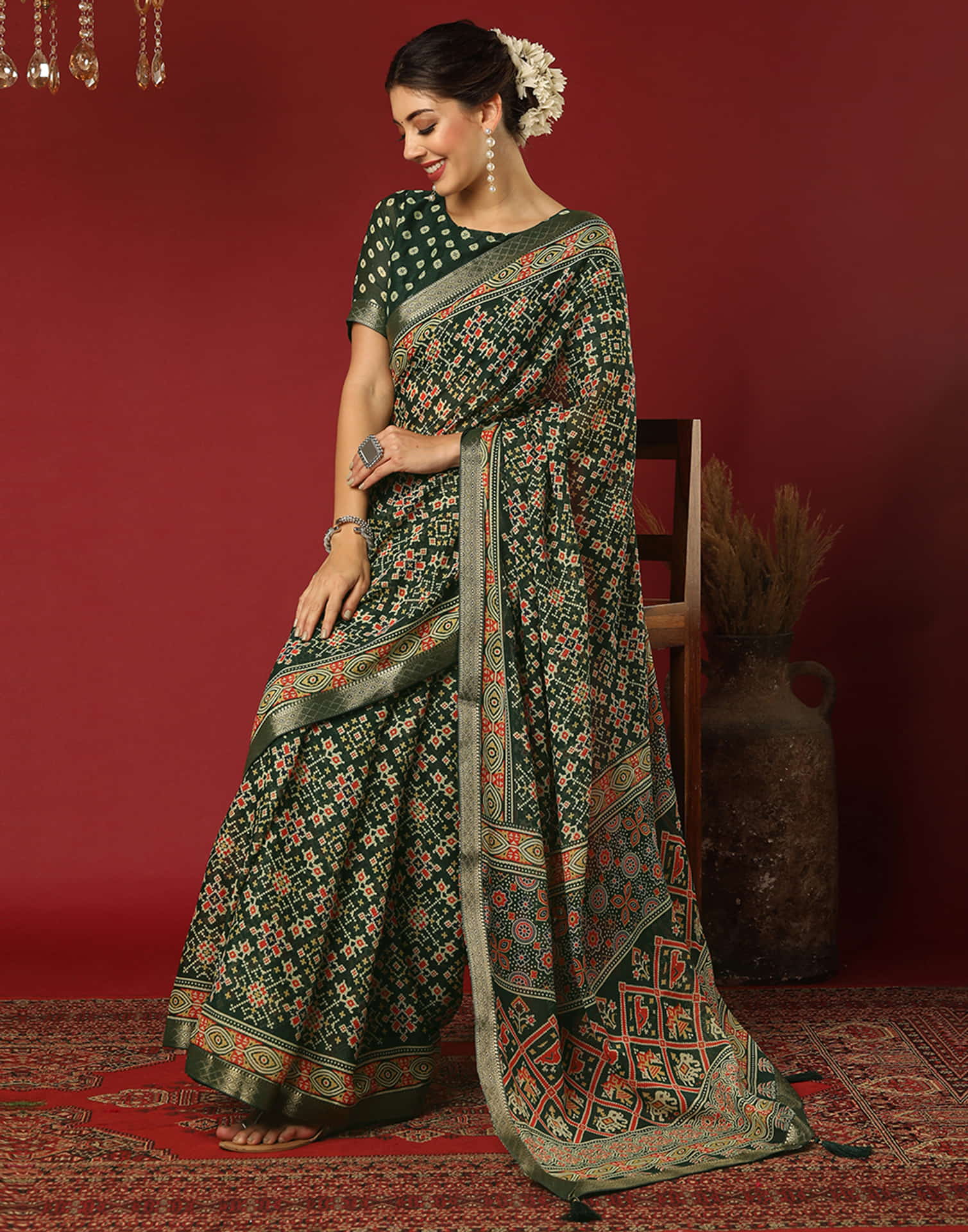 Dark Green Georgette Printed Patola Saree
