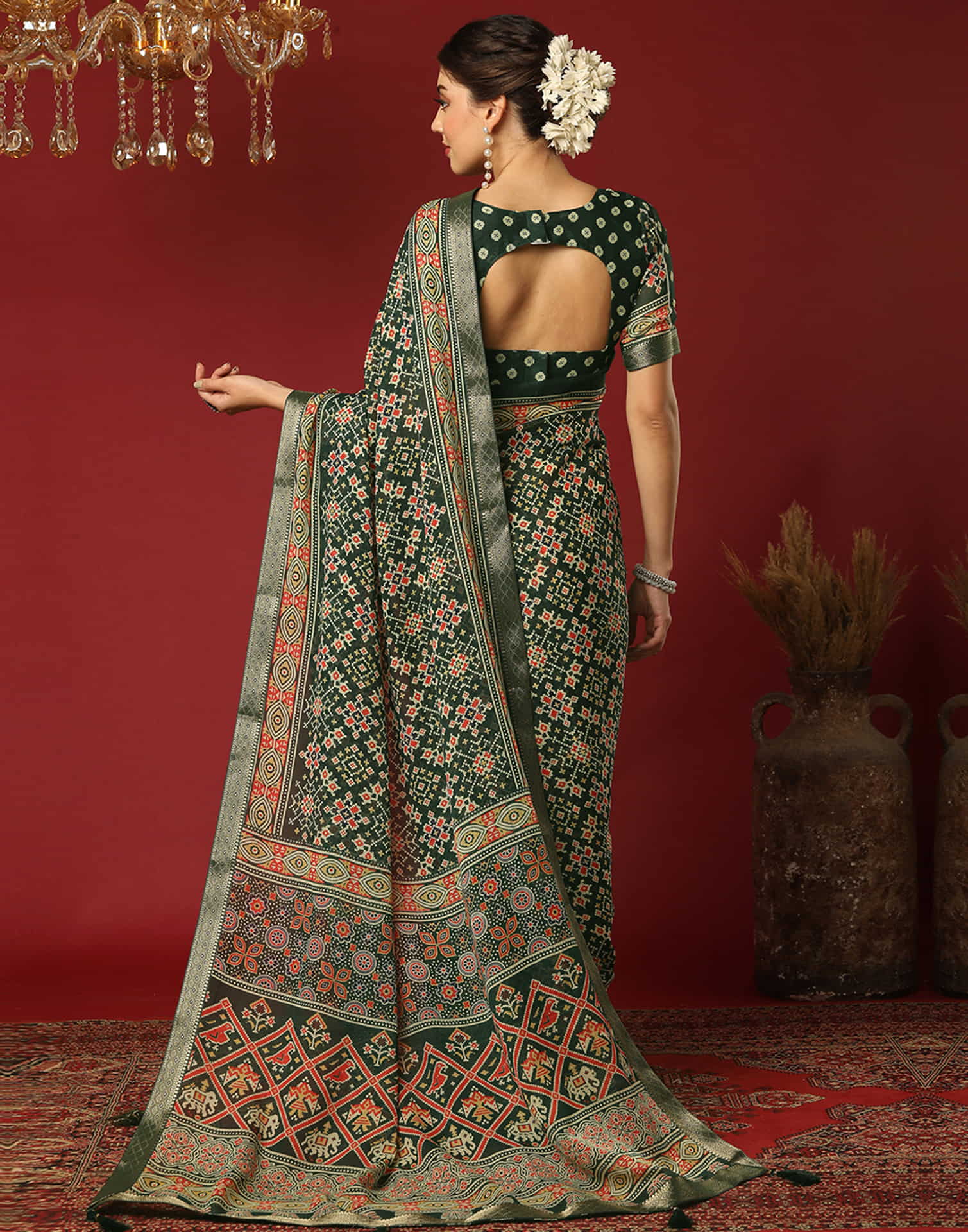 Dark Green Georgette Printed Patola Saree