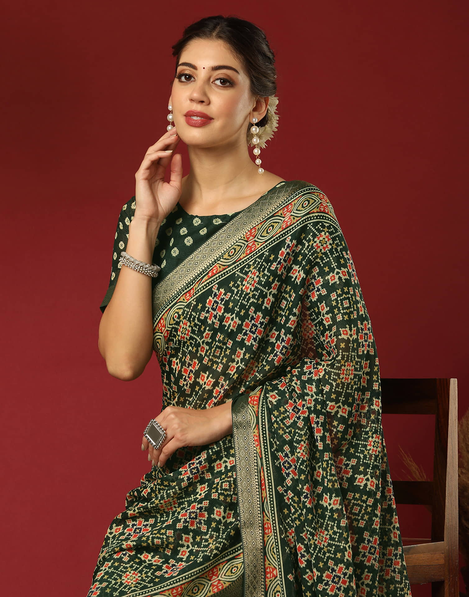 Dark Green Georgette Printed Patola Saree