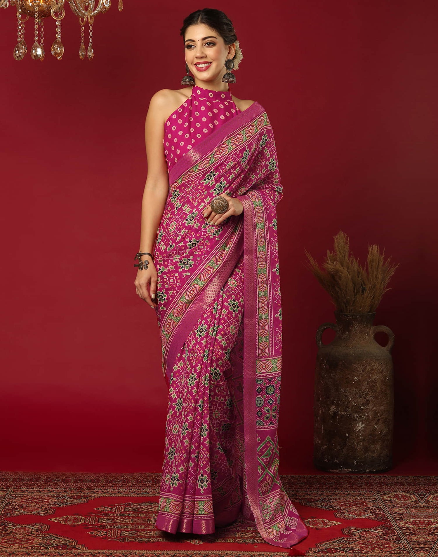 Rani Pink Georgette Printed Patola Saree
