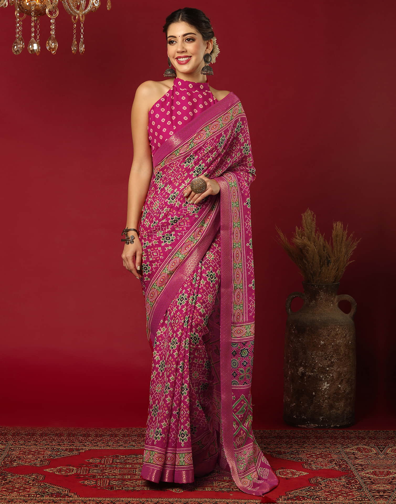 Rani Pink Georgette Printed Patola Saree