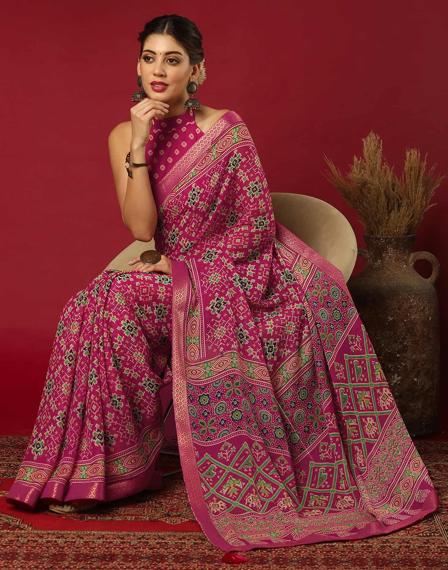 Rani Pink Georgette Printed Patola Saree